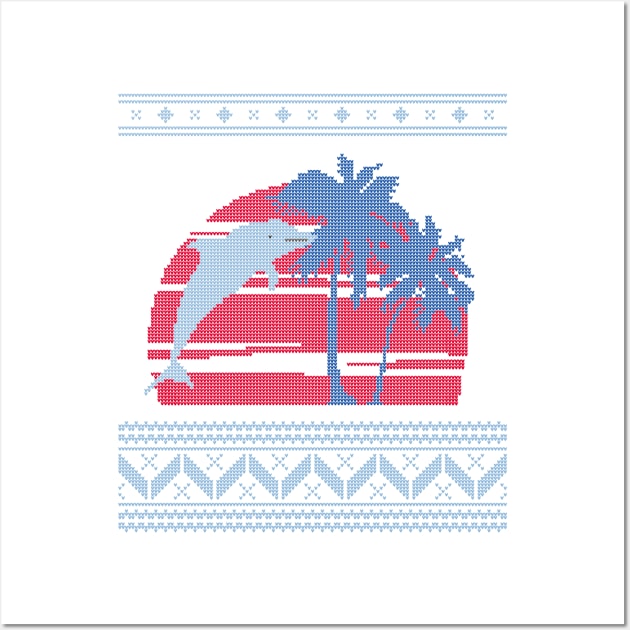 Blue, Light Blue and Red Palm Tree and Dolphin Ugly Christmas Sweater Design Wall Art by YourGoods